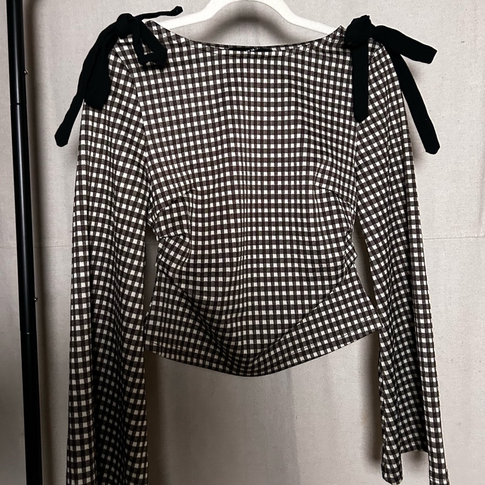 Cider Brown and White Checkered Top with Bow Details